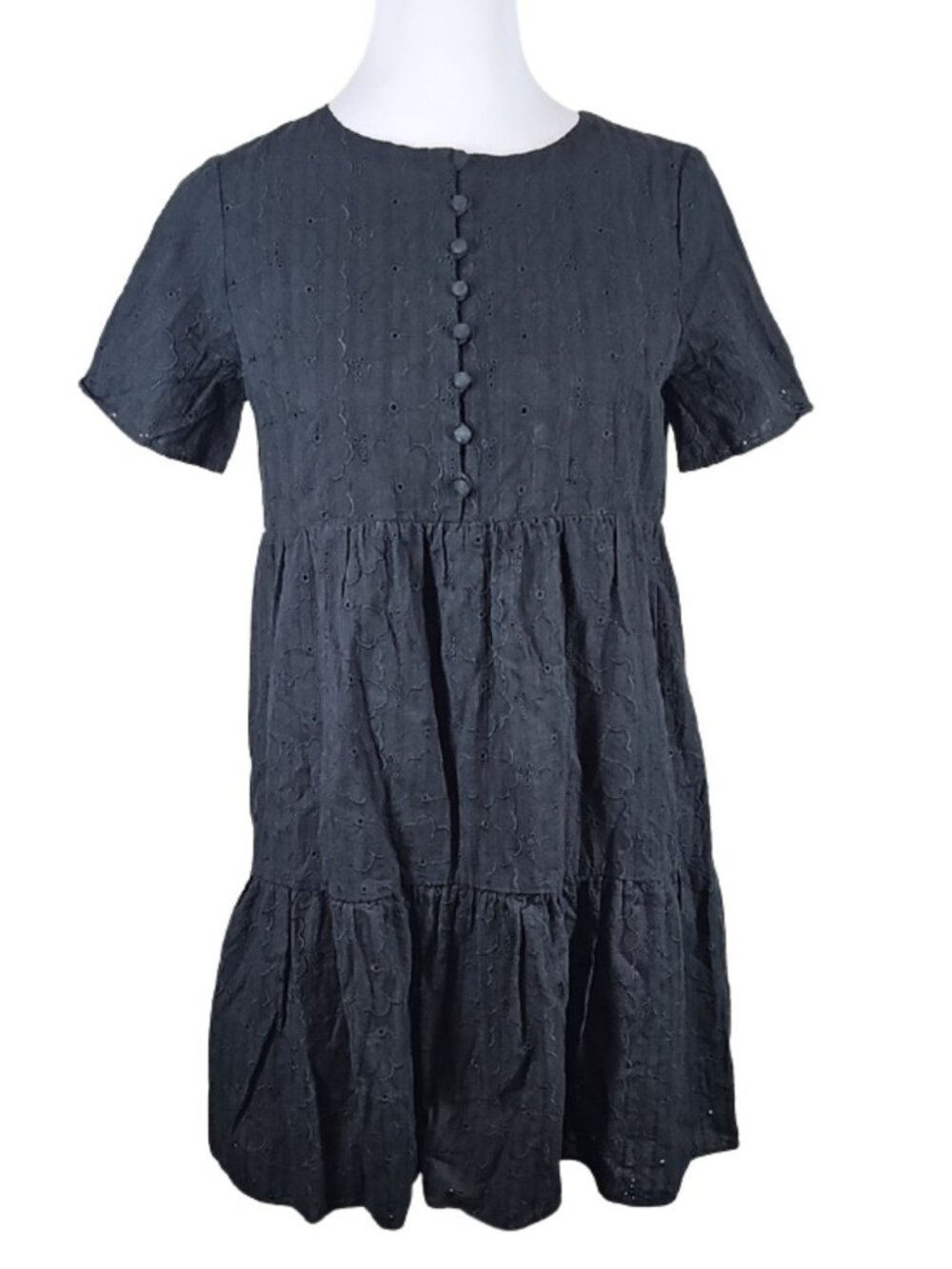 Madewell Embroidered Eyelet Button-Front Tiered Mini Dress S Black Cottagecore